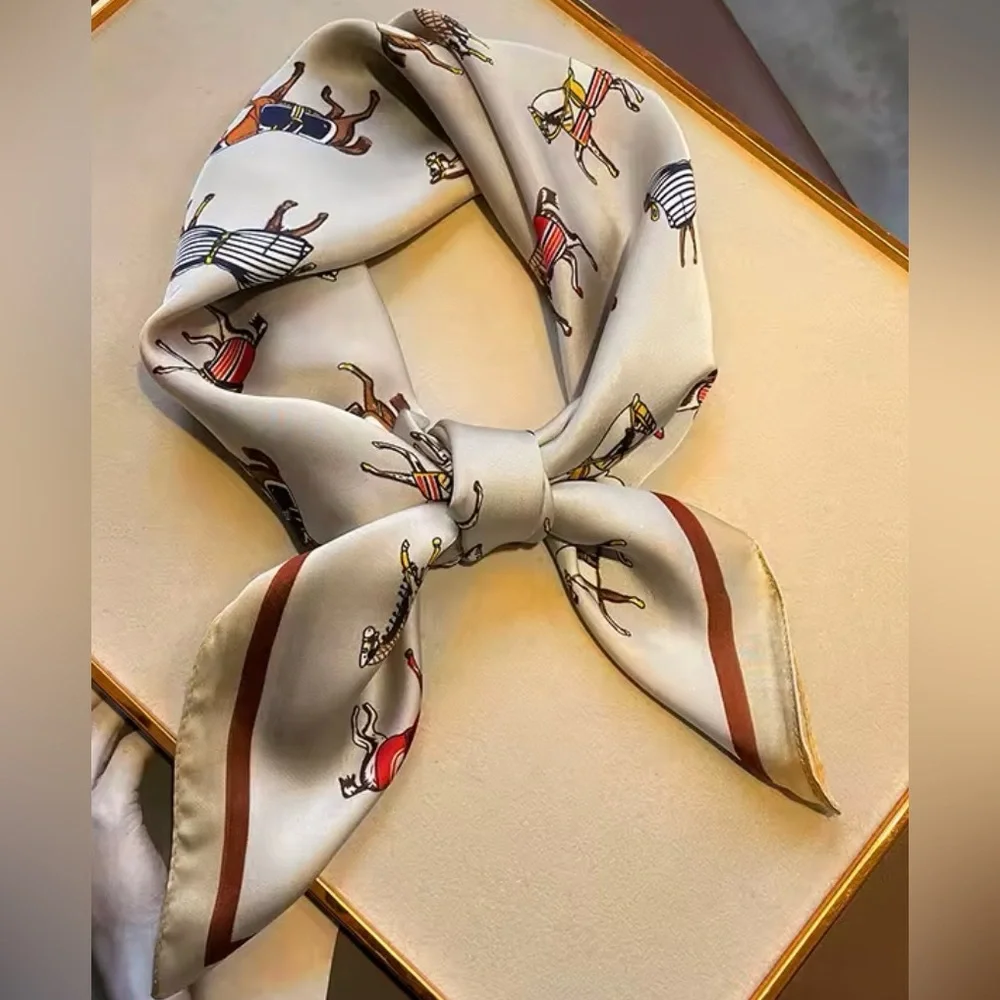NEW! Equestrian Horse-Print Elegant Cream Brown Silky Scarf Twilly
